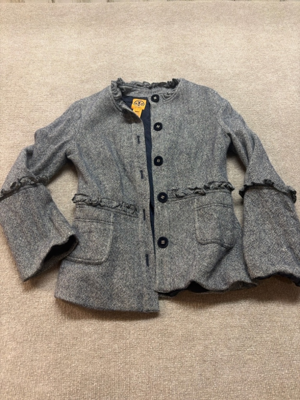 Tory Burch Tweed Jacket Size 8 Wool Angora Ruffle Trim Cropped Blazer 0918